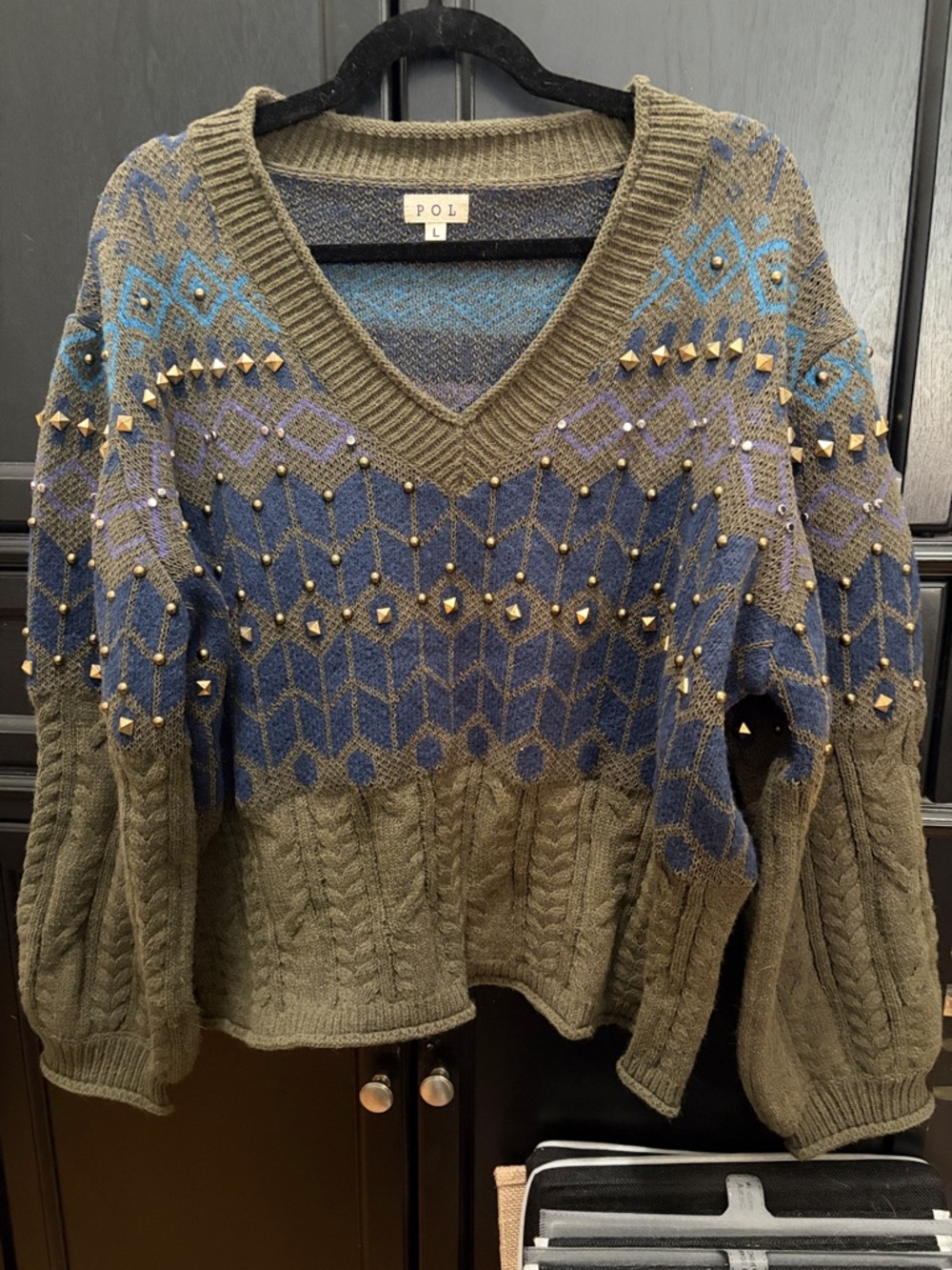 POL Olive & Blue Studded Geometric V-Neck Sweater with accents.